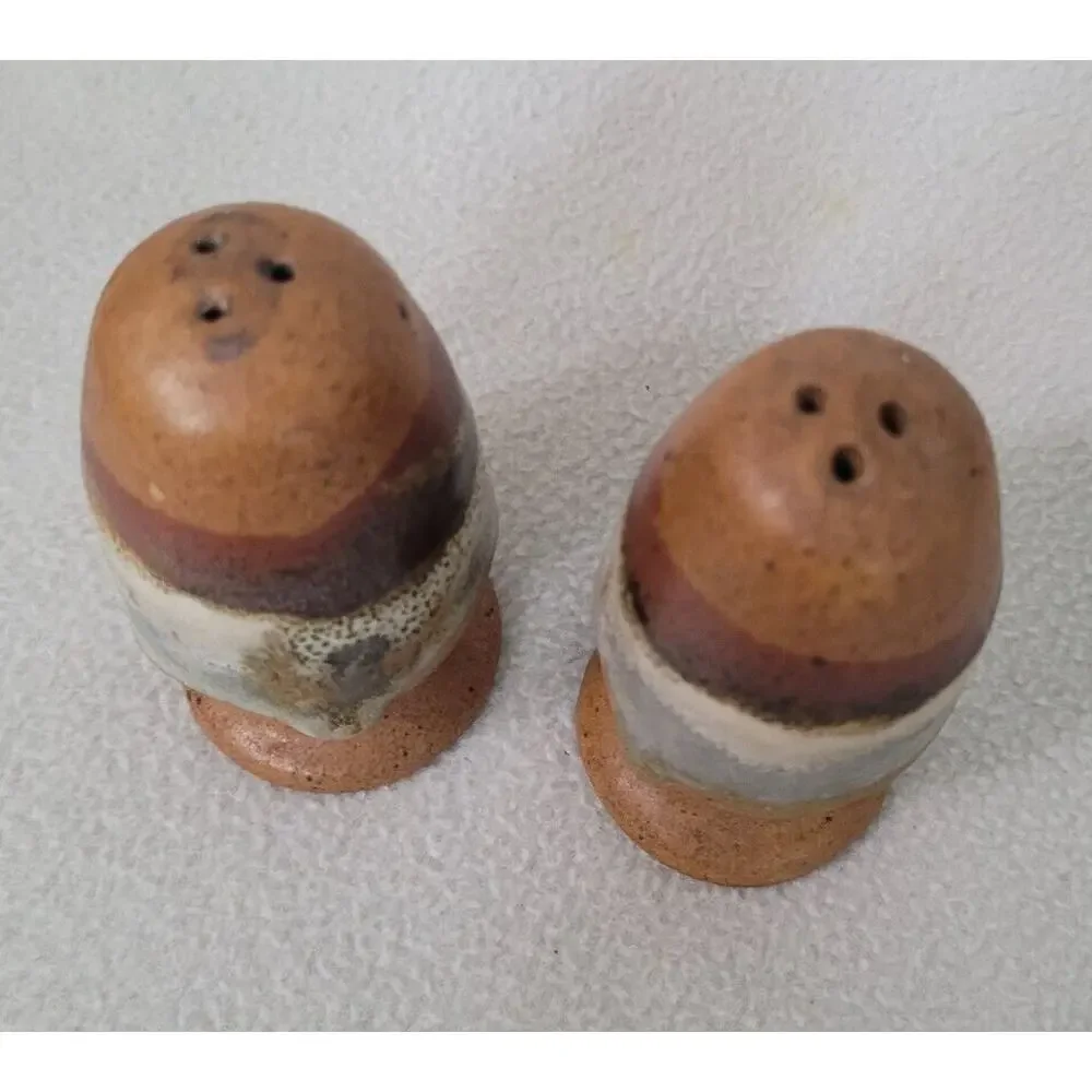 Vtg Set Brown Drip Glaze Heavy Pottery Salt Pepper Shakers Brown Horizon